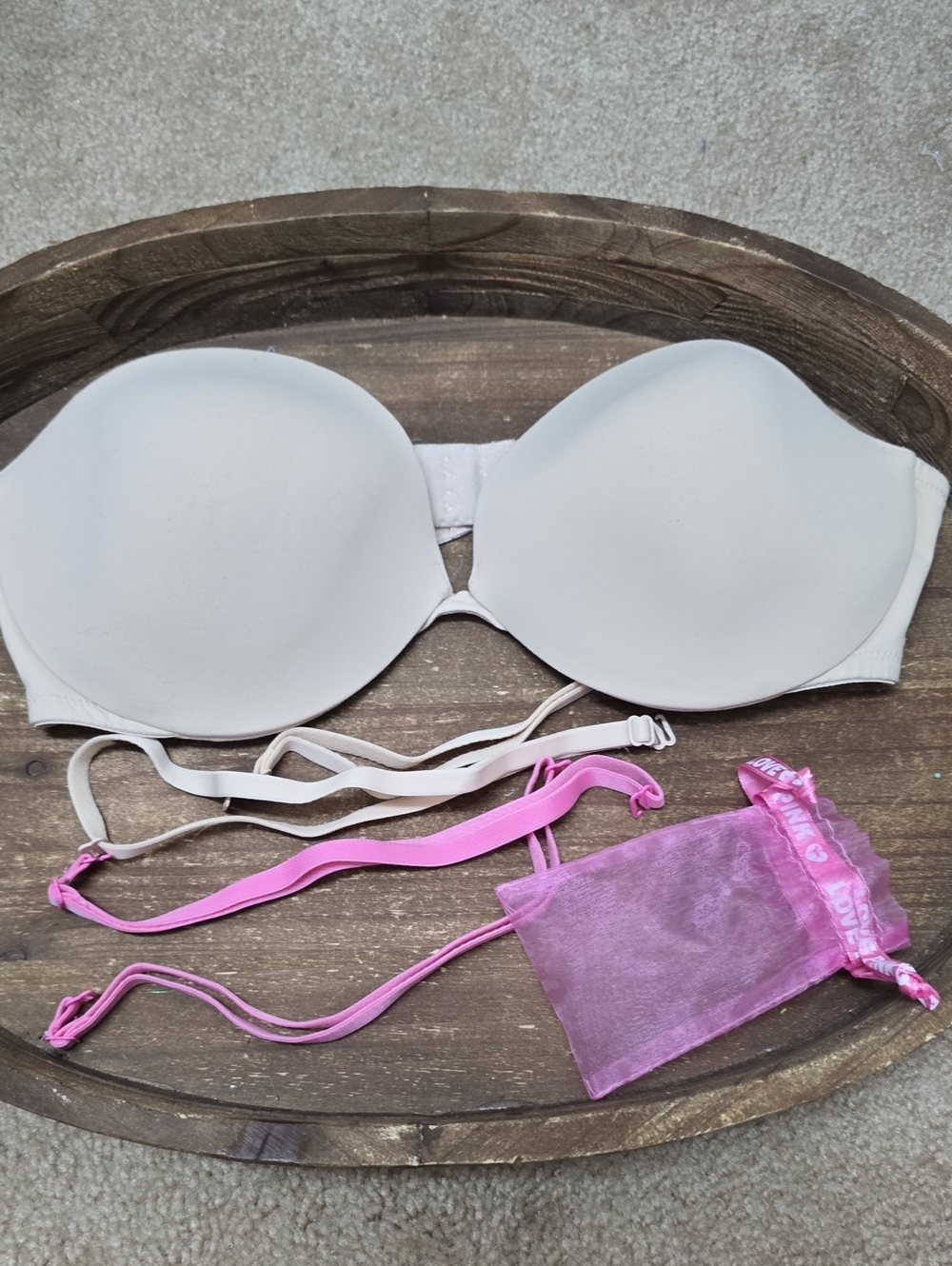 VS Pink Strapless Convertible Bra in Light Nude with Pink & Nude Straps